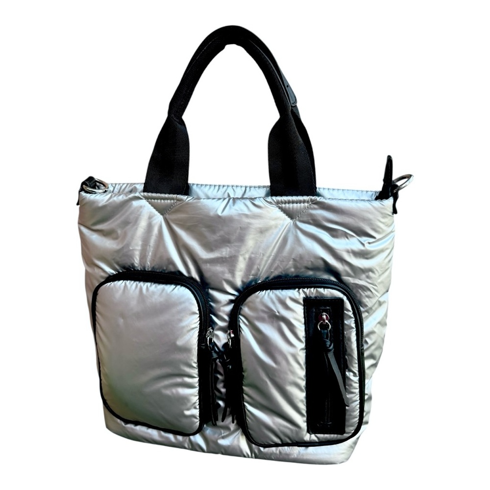 Quilted Puffy Silver Tote w/ Black Straps and Detachable Crossbody Strap